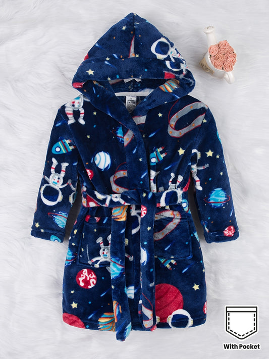Boys' Cozy Flannel Hooded Robe with Vibrant Cartoon Print