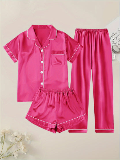 Women's Solid Satin Casual Pajama Set, Short Sleeve