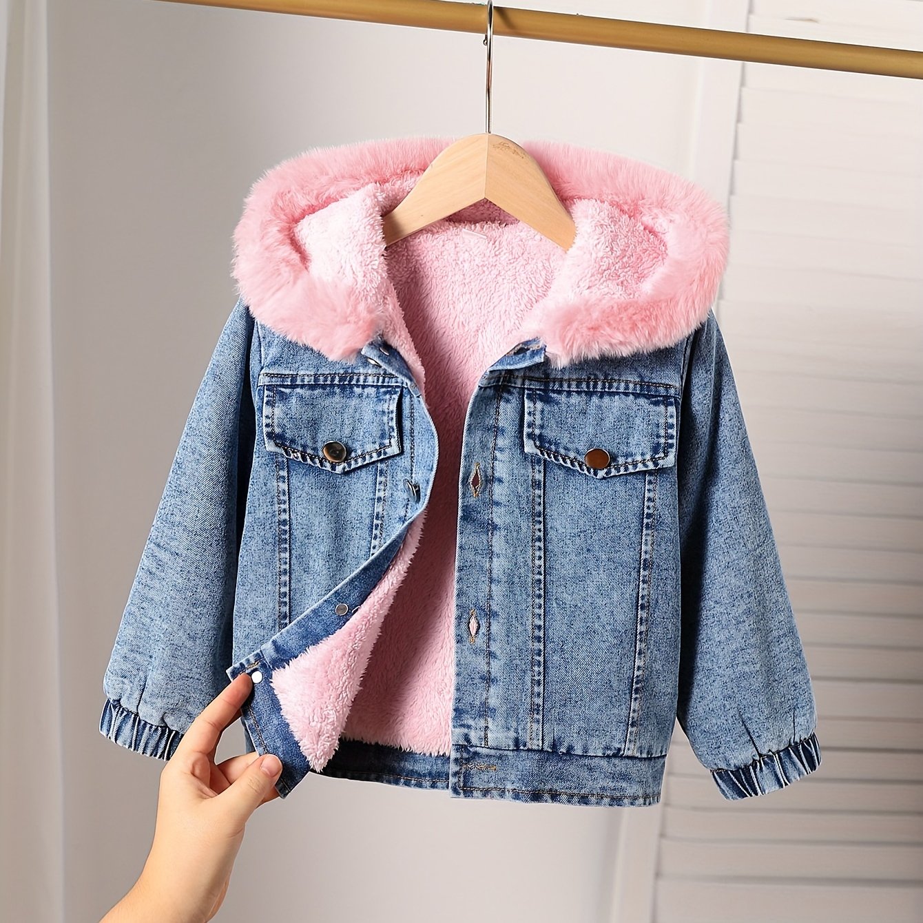Girls Long-Sleeve Hooded Fleece-Lined Denim Jacket