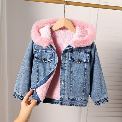 Girls Long-Sleeve Hooded Fleece-Lined Denim Jacket