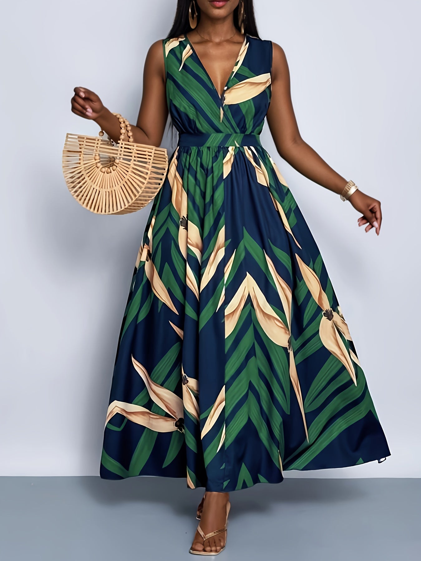 Tropical Palm Print A-Line Maxi Dress