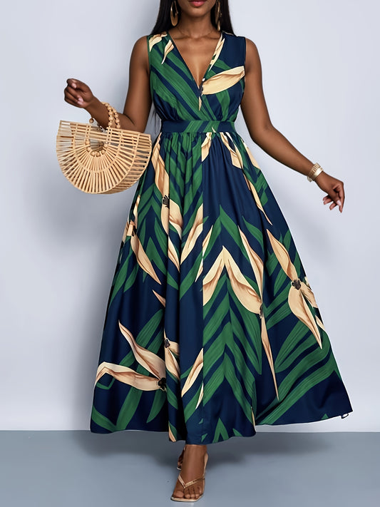 Tropical Palm Print A-Line Maxi Dress