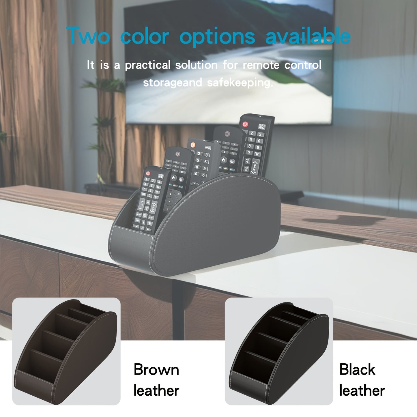 1pc Black Faux Leather Remote Control Holder with 5 Compartments