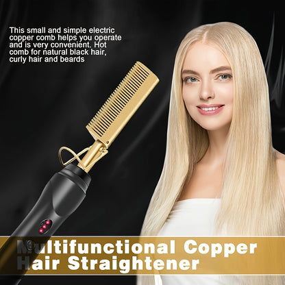EU Standard Golden Straight Hair Comb with Dual Temperature Control for Unique Hairstyling