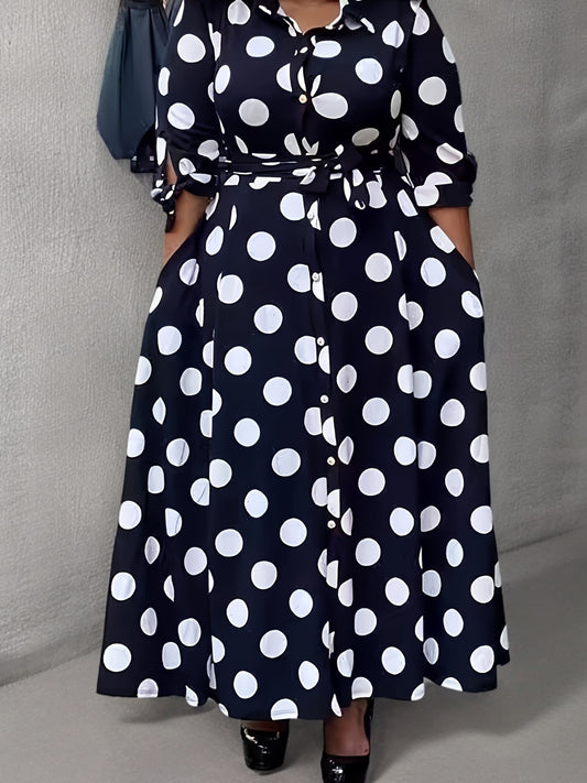 Long Sleeve Plus Size Polka Dot Shirt Dress with Belt