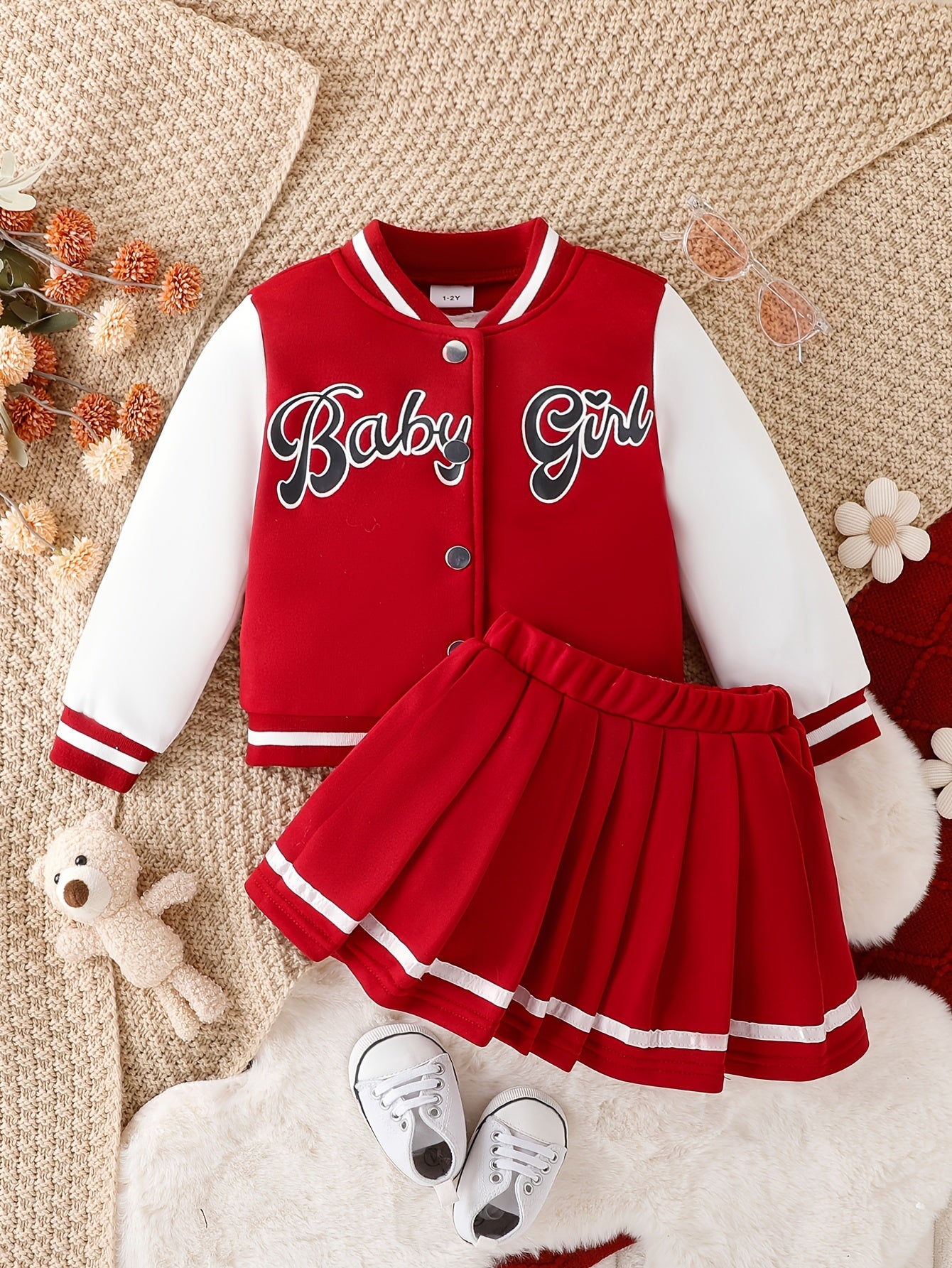 Girls' Baseball Jacket & Preppy Pleated Skirt Set