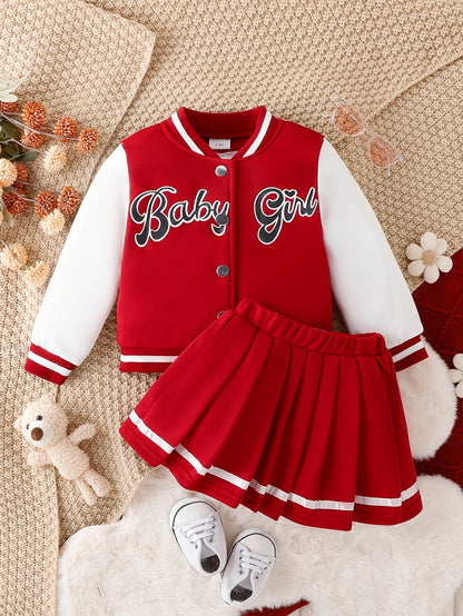 Girls' Baseball Jacket & Preppy Pleated Skirt Set