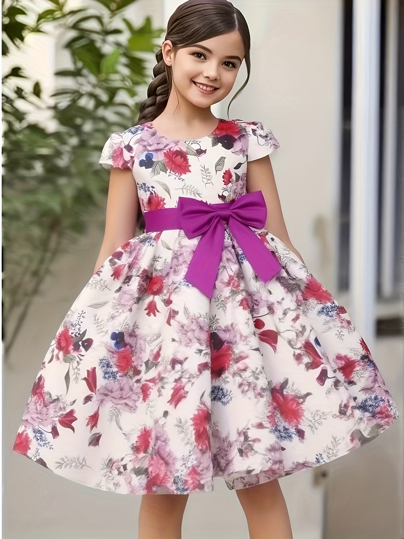 Girls' Elegant Rose Floral Print Party Dress