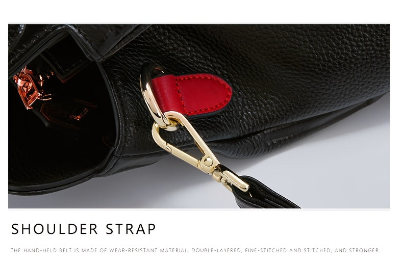 Genuine Leather Shoulder Handbag - Black with Red Accents