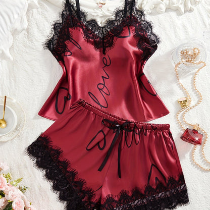 Contrast Lace Letter Print Pajamas Set