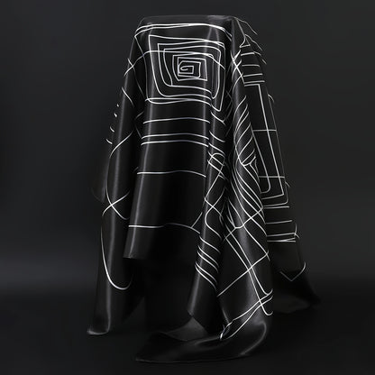 Elegant Black & White Printed Square Scarf - Luxury Polyester, Stylish Thin Headband