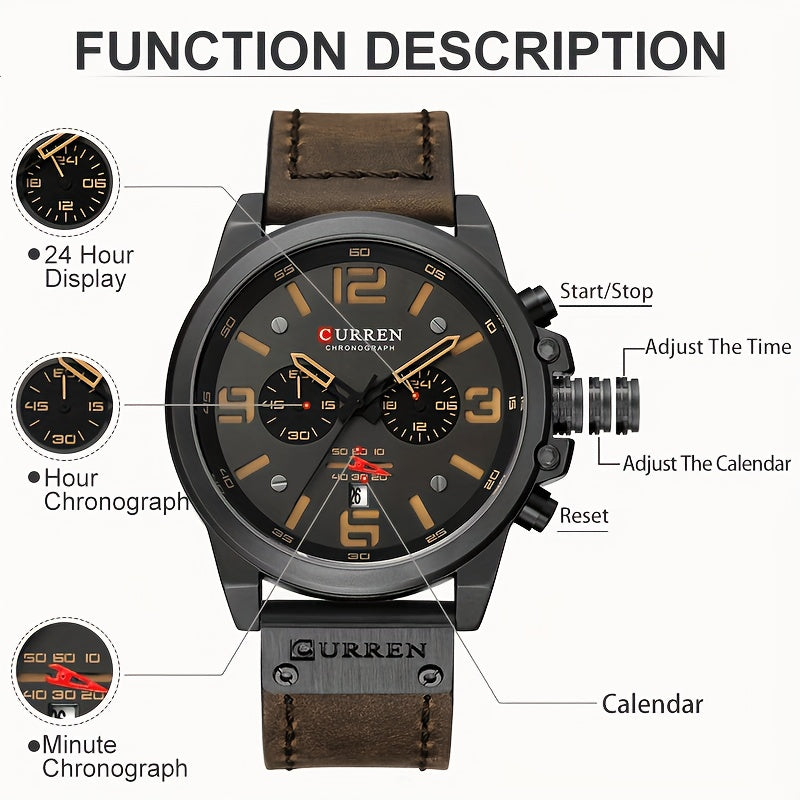 CURREN Men'S Sports with Multifunctional Timing, Waterproof Faux Leather Strap