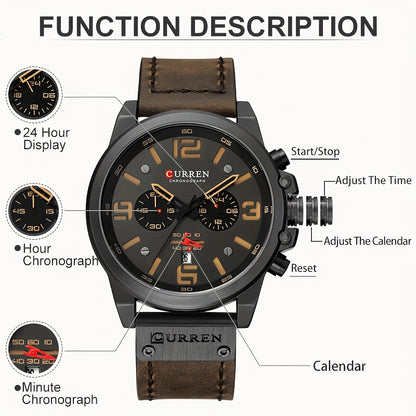 CURREN Men'S Sports with Multifunctional Timing, Waterproof Faux Leather Strap