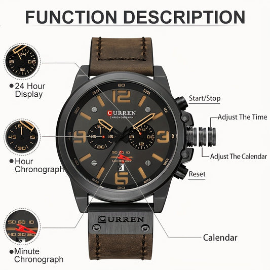 CURREN Men'S Sports with Multifunctional Timing, Waterproof Faux Leather Strap