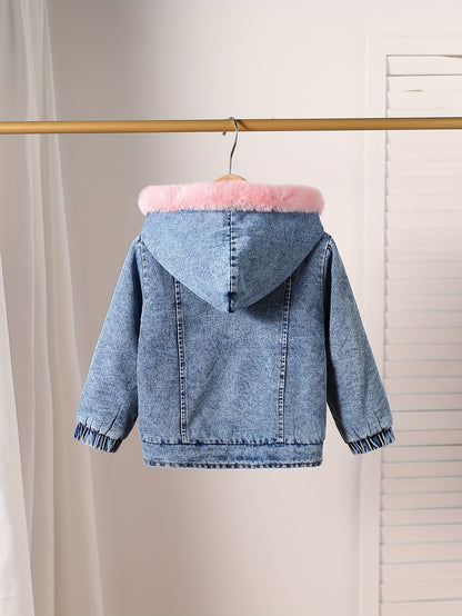 Girls Long-Sleeve Hooded Fleece-Lined Denim Jacket