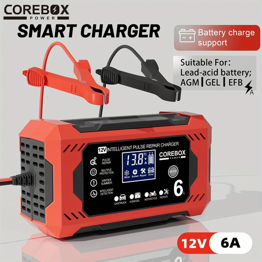 COREBOX 12V 6A Smart Battery Charger with LCD Display