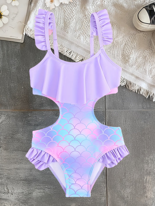 Girls One-Piece Swimsuit Fish Scale Style Ruffled Strap Girls Fashion Swimsuit