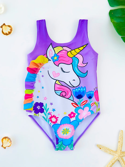 Cute Unicorn Pleated Lace Girls Fashion Swimsuit Summer Beach