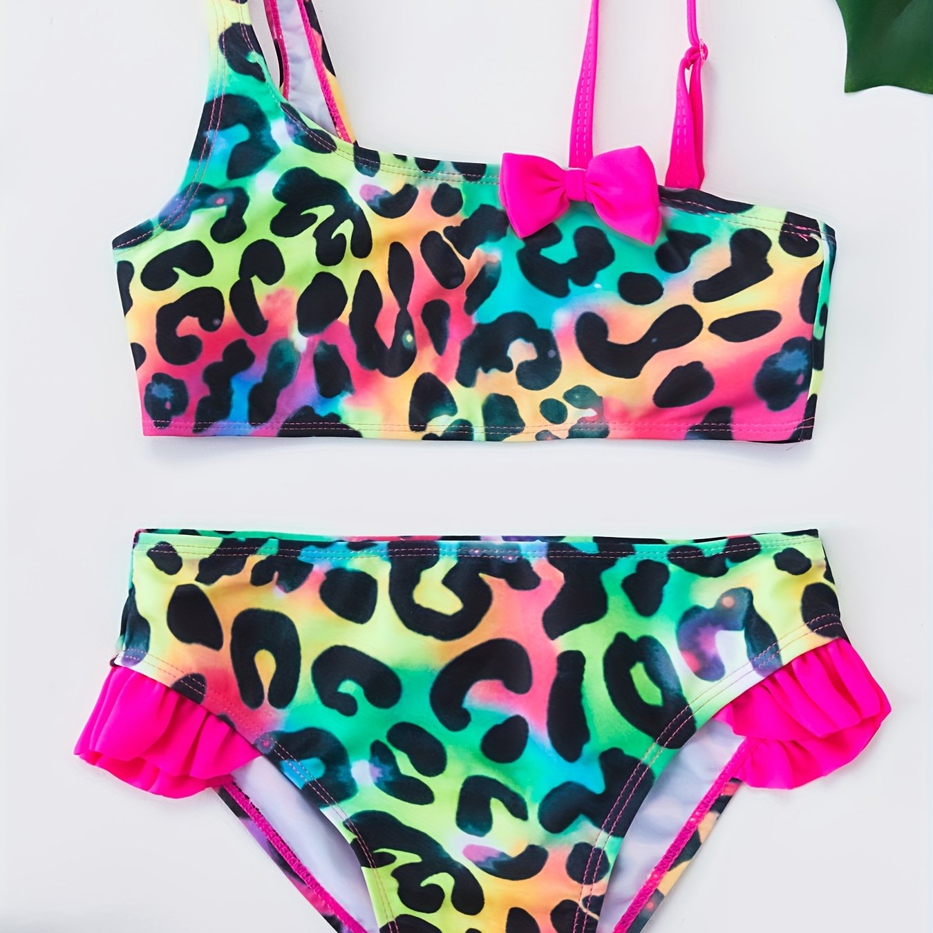 Girls Bikini Tankini Swimsuit Fish Scale Graphic Bow Top & Ruffle Trim Shorts Kids Summer Outdoor