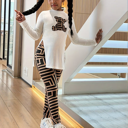 2pcs Girls' Oversized Geometric Animal Print Outfit Set