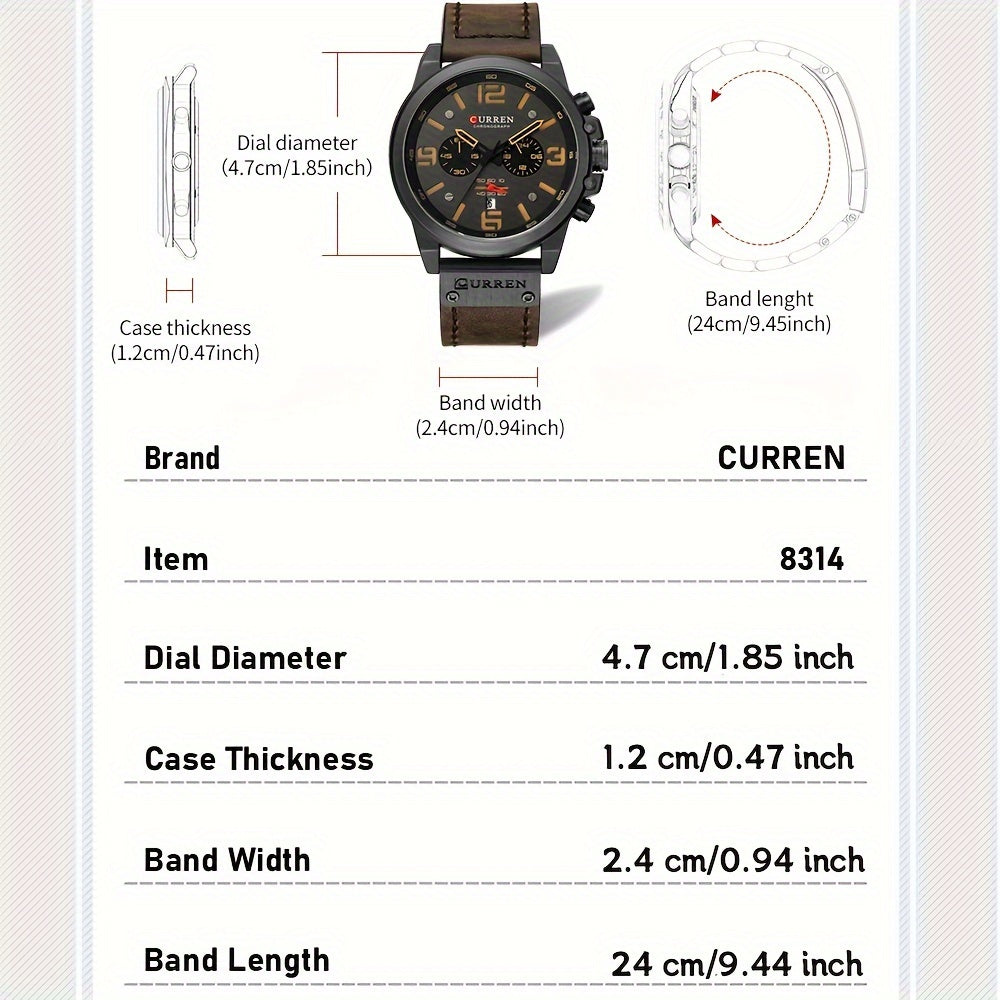 CURREN Men'S Sports with Multifunctional Timing, Waterproof Faux Leather Strap