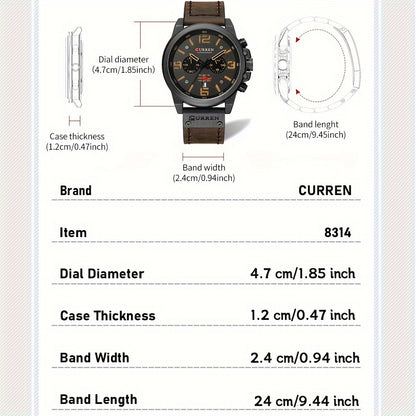 CURREN Men'S Sports with Multifunctional Timing, Waterproof Faux Leather Strap