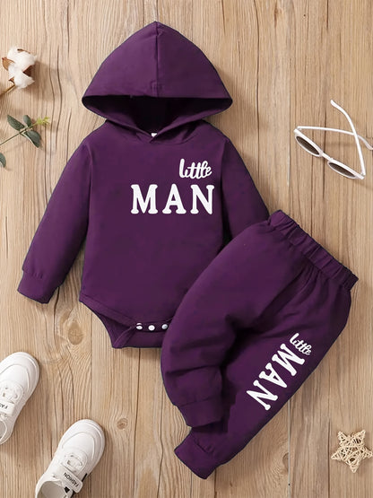 2pcs Boys' Hooded Long-Sleeve Letter Print Bodysuit