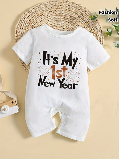 Baby Girl's It's My 1st New Year Design Short Sleeve Jumpsuit