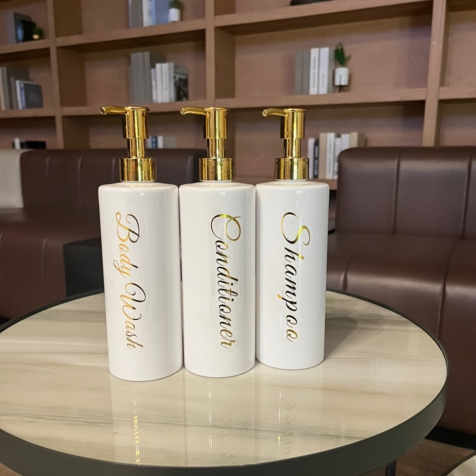 3pcs 500ml Elegant White Dispenser Set with Golden Labels - Plastic