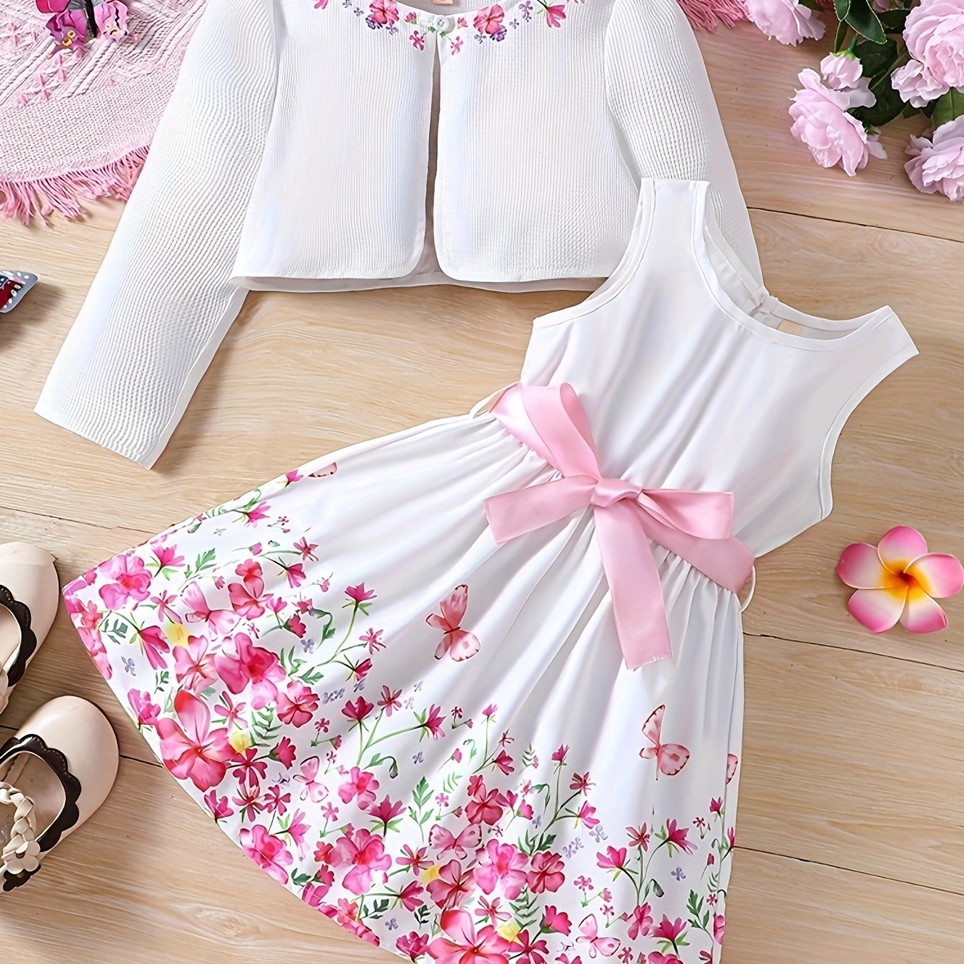 2-Piece Set: Girls' Elegant and Charming Floral Dress