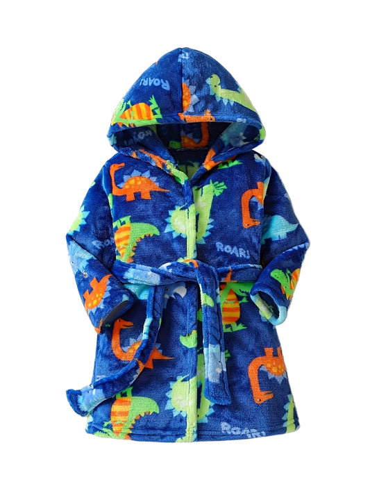 Boy Dinosaur Stuffed Flannel Bathrobe with Cap and Belt Cartoon Home Outfit