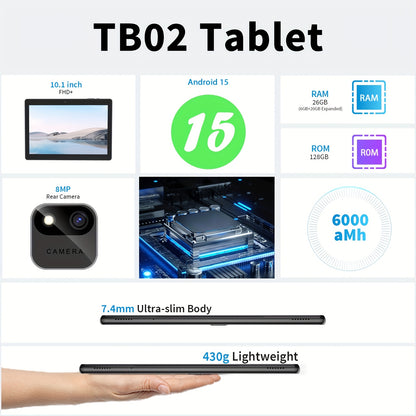 YOBANSE Android 15 Tablet 10.1" 26GB (6GB+20GB) + 128GB ROM, WiFi, Wireless