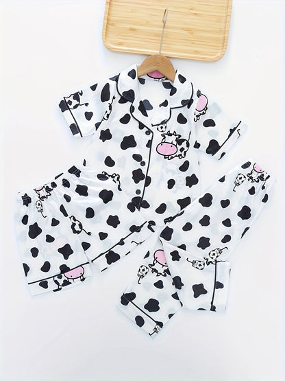 3pcs Girls' Short Sleeve Shirt and Shorts Pajama Set