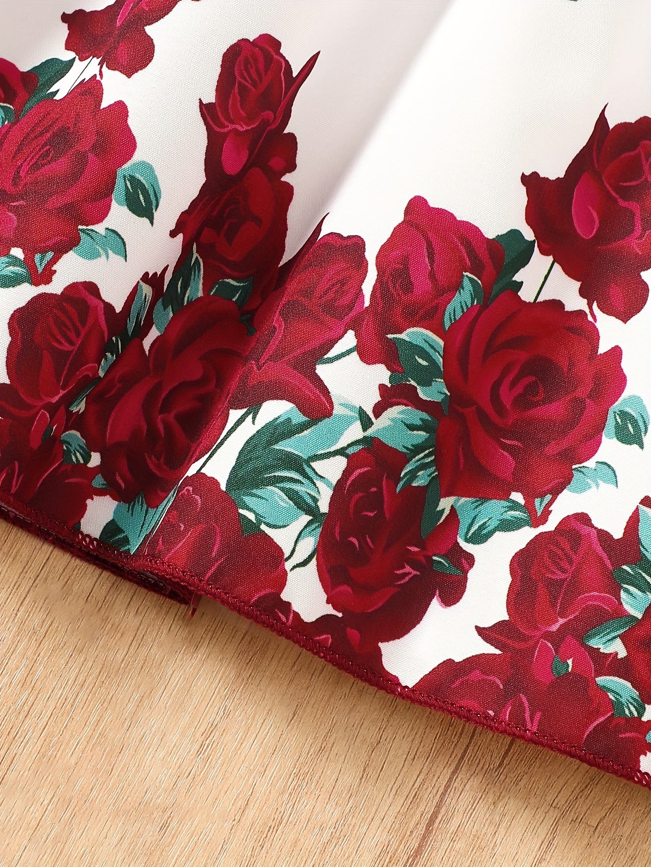 Burgundy Rose Print Flutter Sleeve Summer Girls' Casual Dress