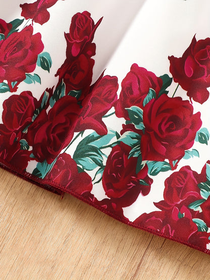 Burgundy Rose Print Flutter Sleeve Summer Girls' Casual Dress