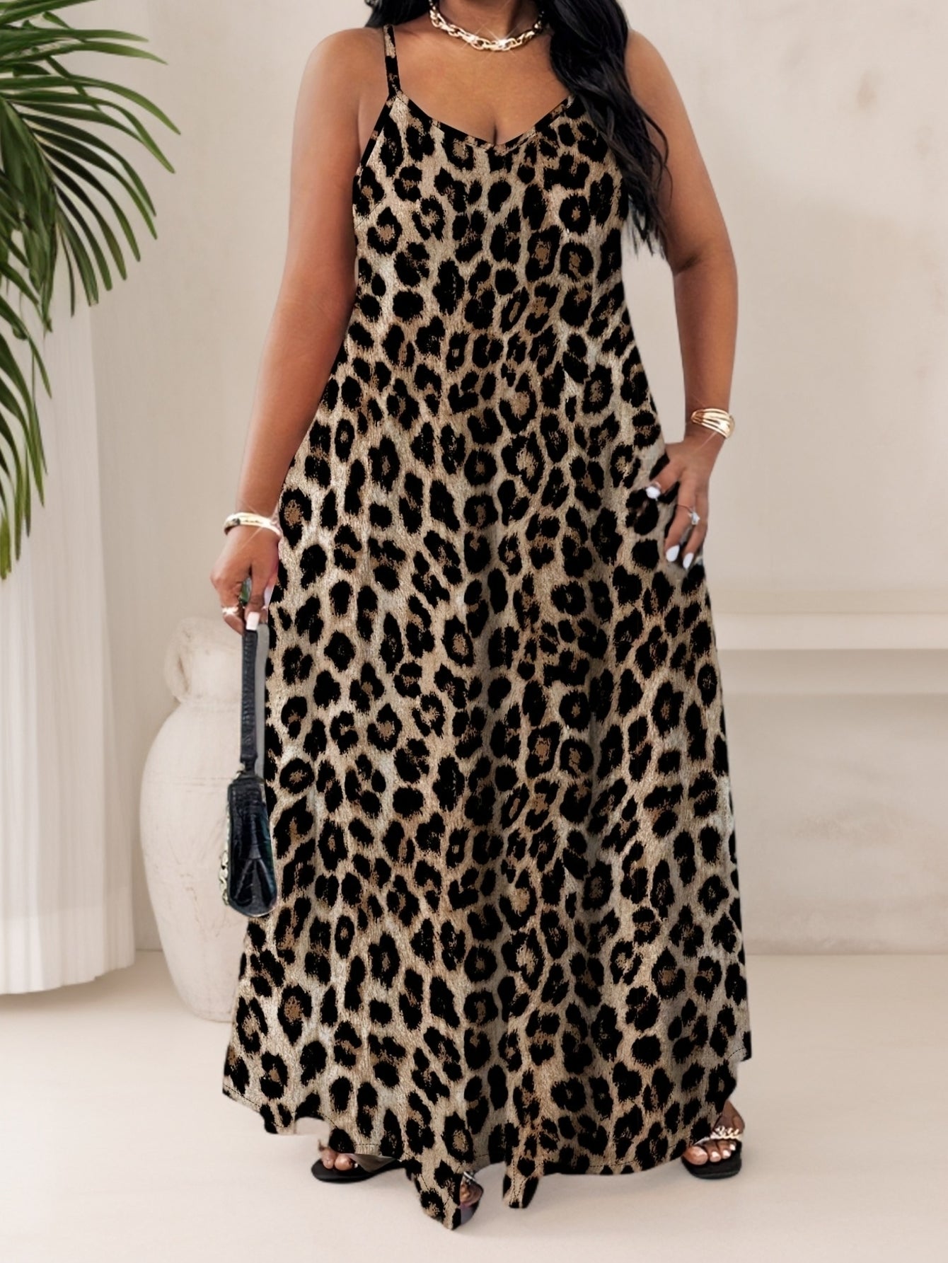 Women'S Plus Size Elegant Leopard Print Maxi Dress with Thin Straps
