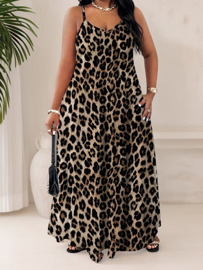 Women'S Plus Size Elegant Leopard Print Maxi Dress with Thin Straps