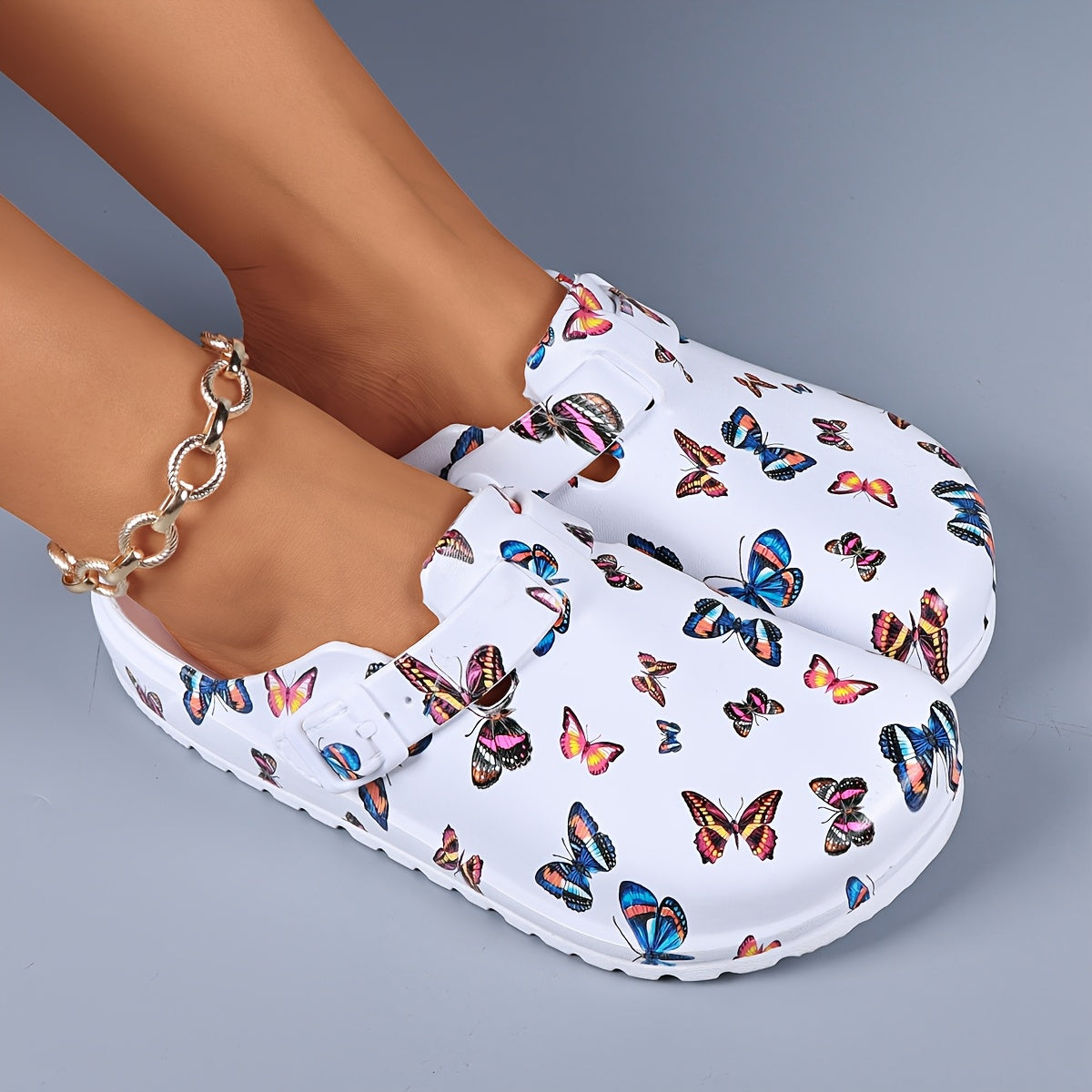 Women's fashionable colorful butterfly print mules
