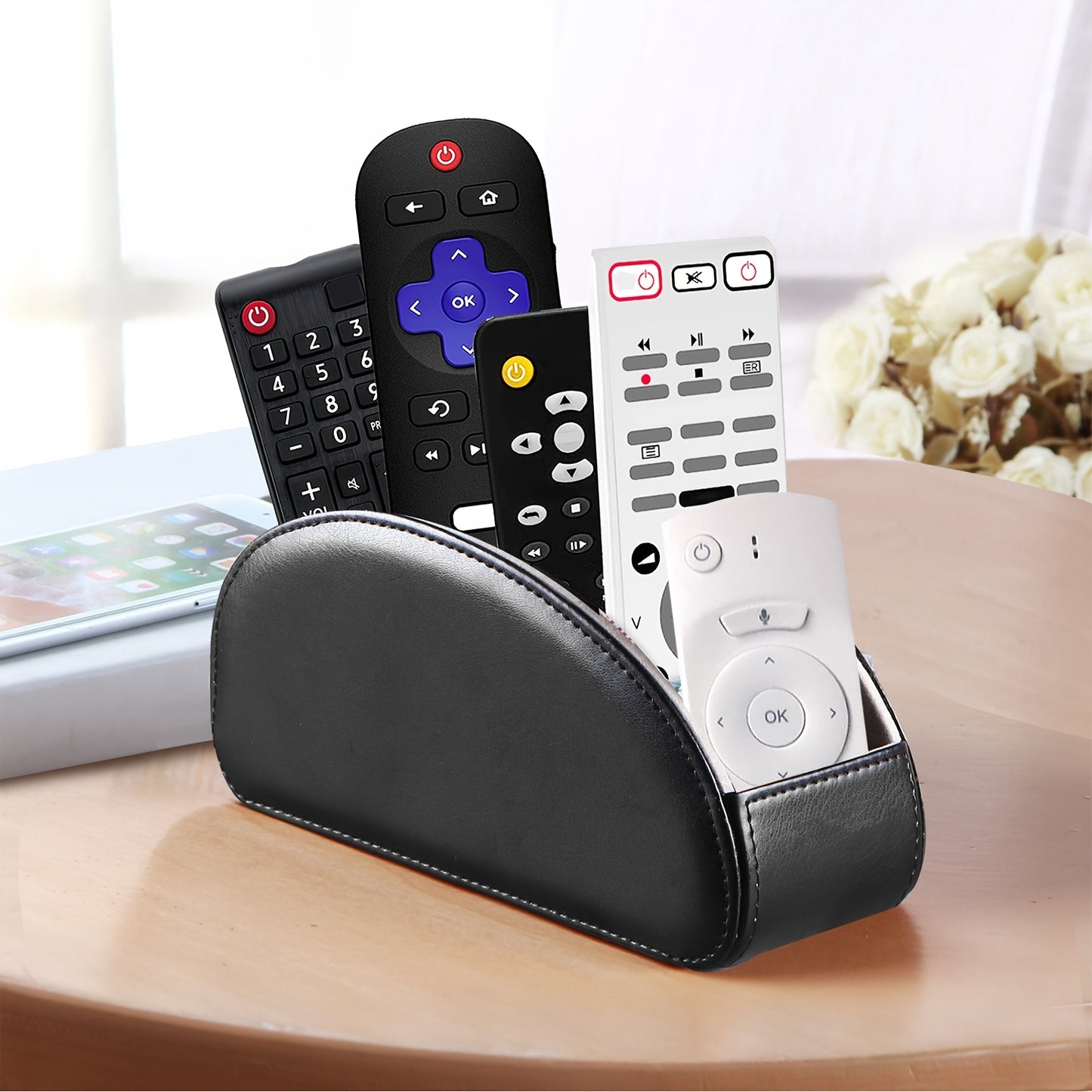 PU Leather Remote Control Holder with 5 Compartments