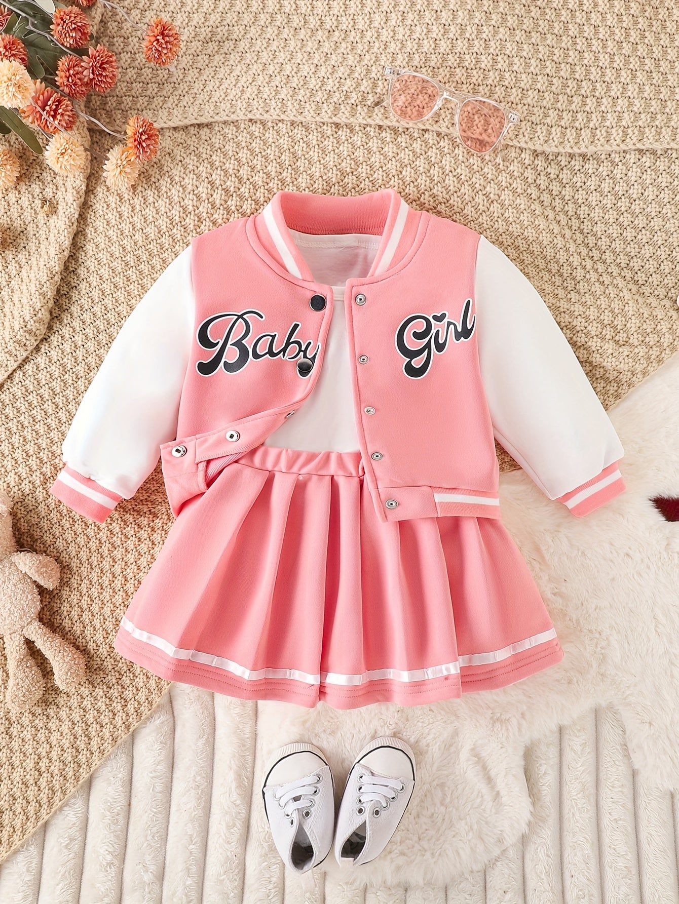 Girls' Baseball Jacket & Preppy Pleated Skirt Set