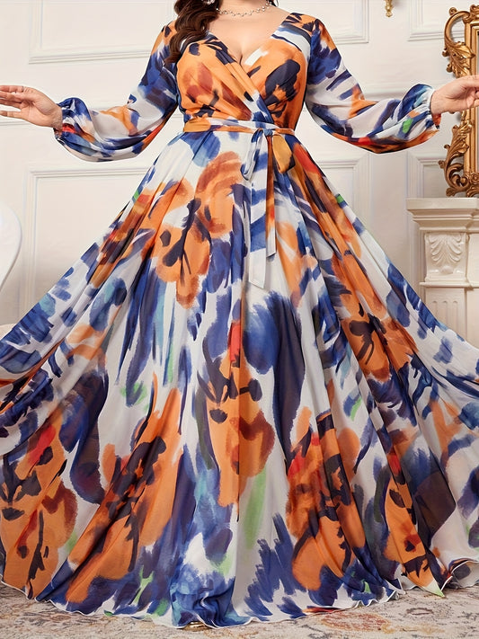 Plus Size, Women's Elegant Floral Print Chiffon Maxi Dress with Cross Neckline & Long Sleeves