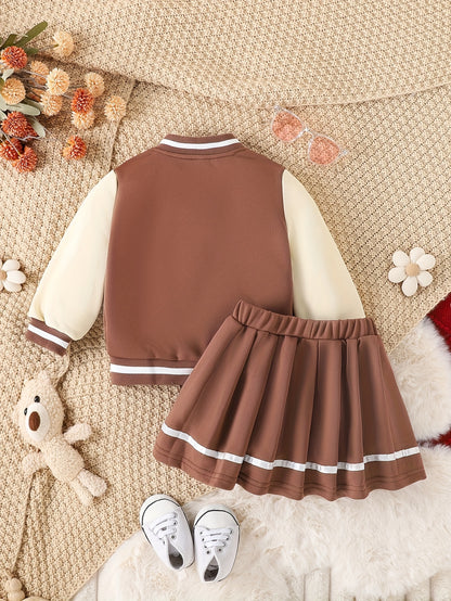 Girls' Baseball Jacket & Preppy Pleated Skirt Set