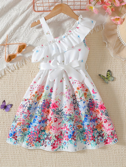 Charming Girls' Summer Dress with Butterfly & Floral Print