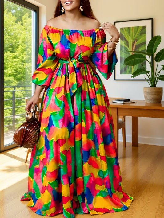 Women'S Off-Shoulder, Colorful Print Maxi Dress with Waist Tie