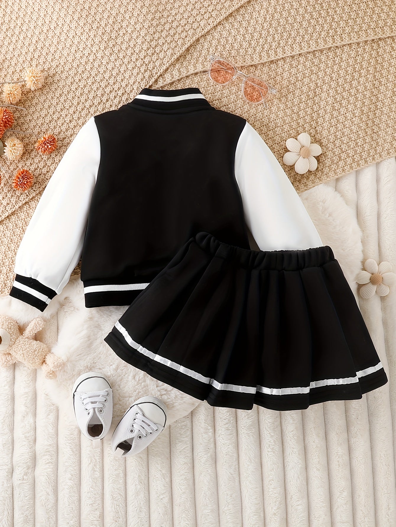 Girls' Baseball Jacket & Preppy Pleated Skirt Set