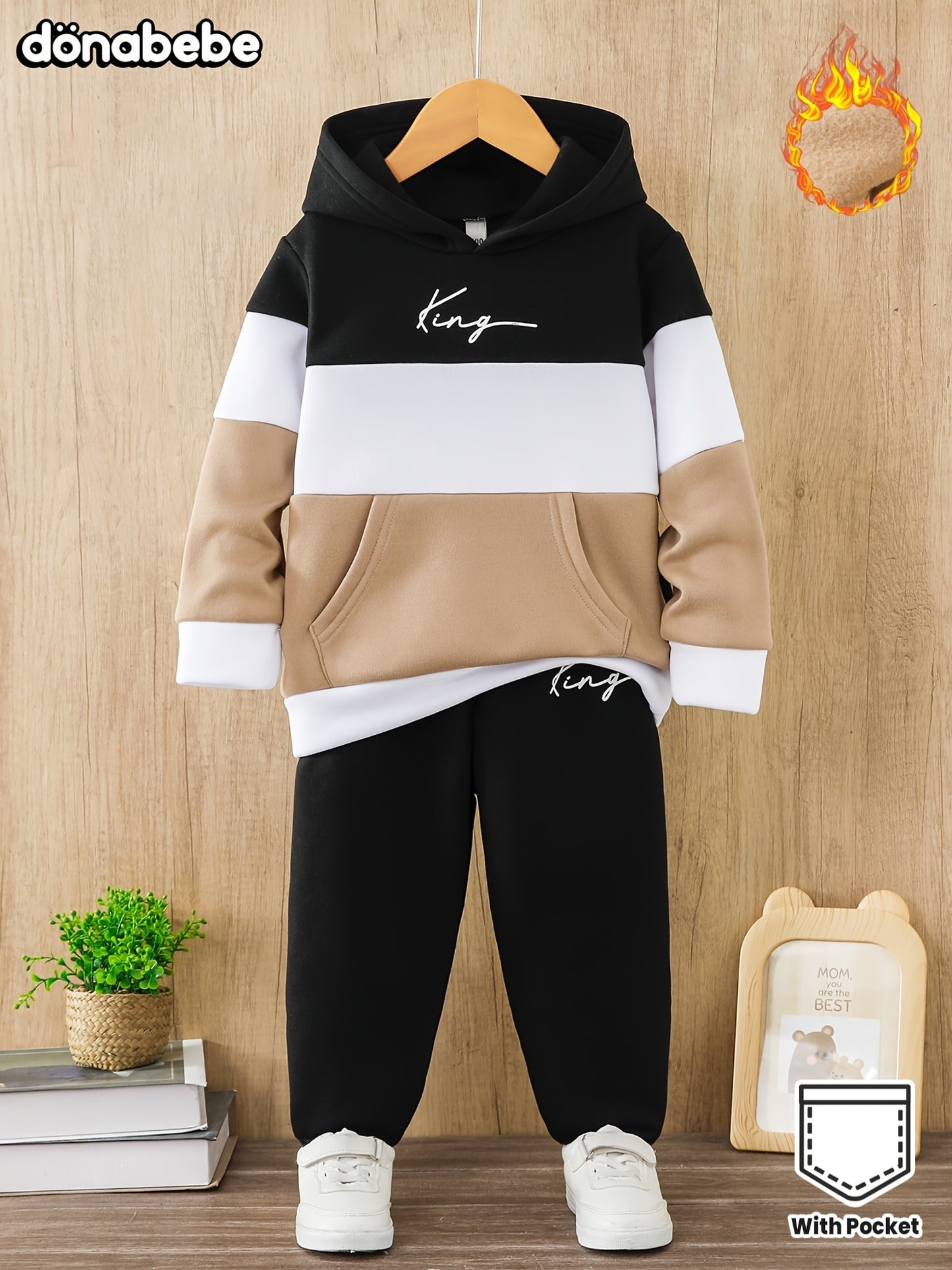 Boys' Fleece-Lined Thickened Hoodie and Pants Set with Pocket