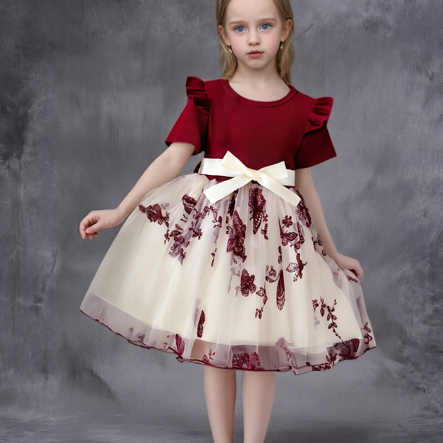 Girls Short Sleeve Bowknot Decor Mesh Tutu Dress