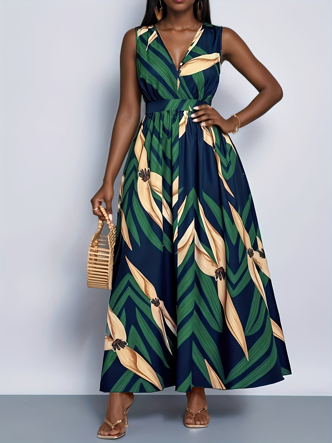 Tropical Palm Print A-Line Maxi Dress