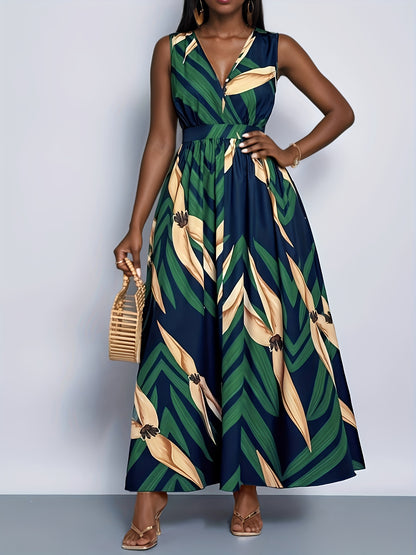 Tropical Palm Print A-Line Maxi Dress