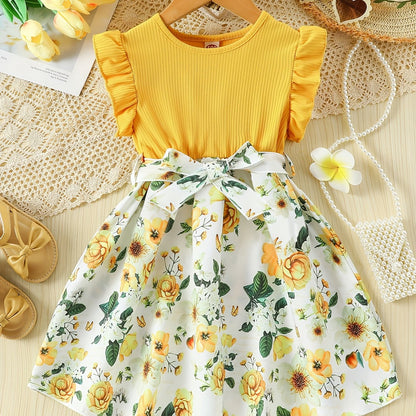 Girls' Patchwork Yellow Romantic Floral Print Dress